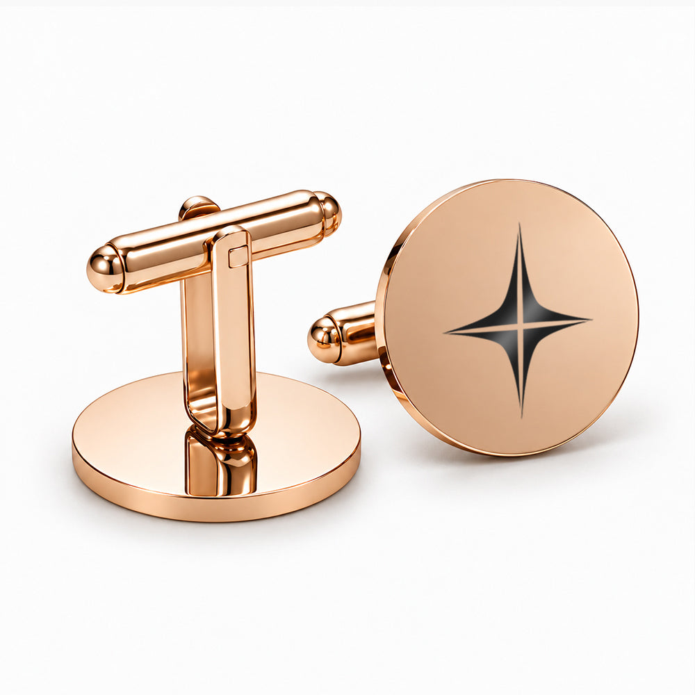 Rose gold cufflinks with circular faces, a polished T-bar fastener, and a starburst engraving detail
