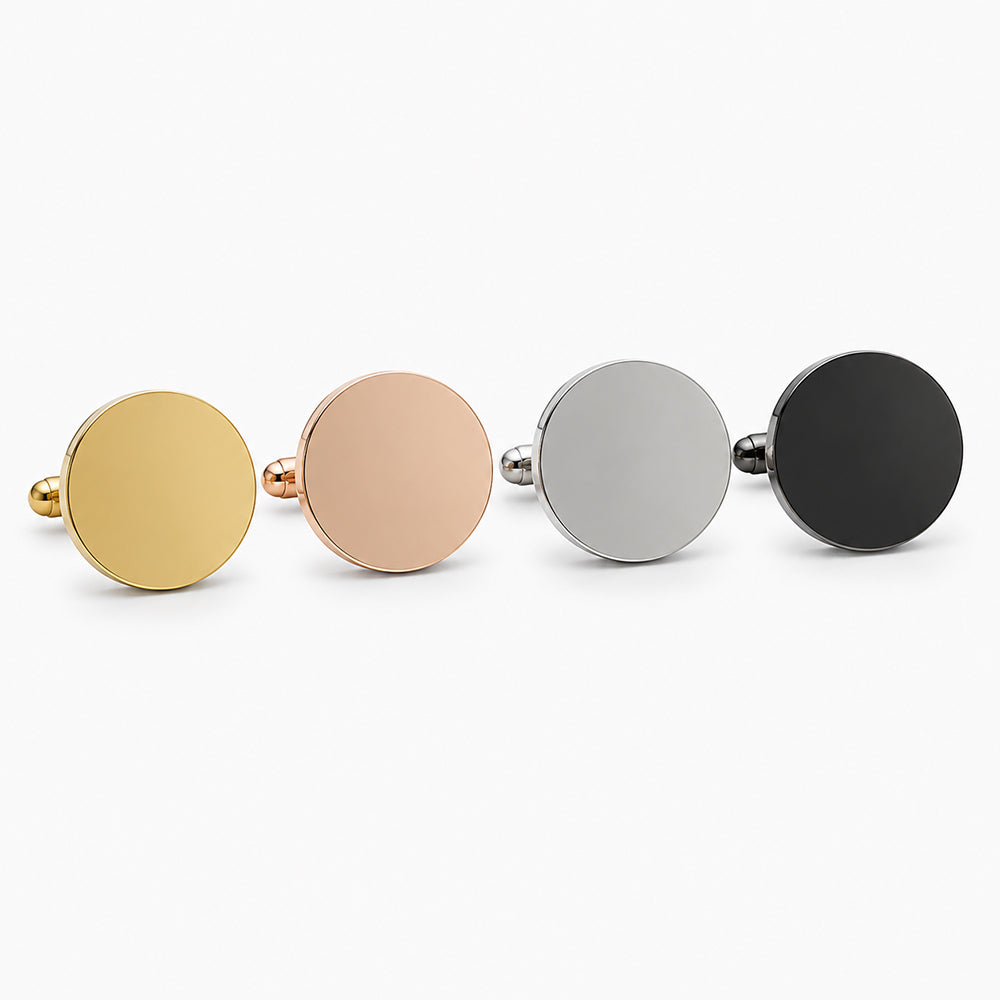 Four round cufflinks in gold, rose gold, silver, and black with polished metal backs
