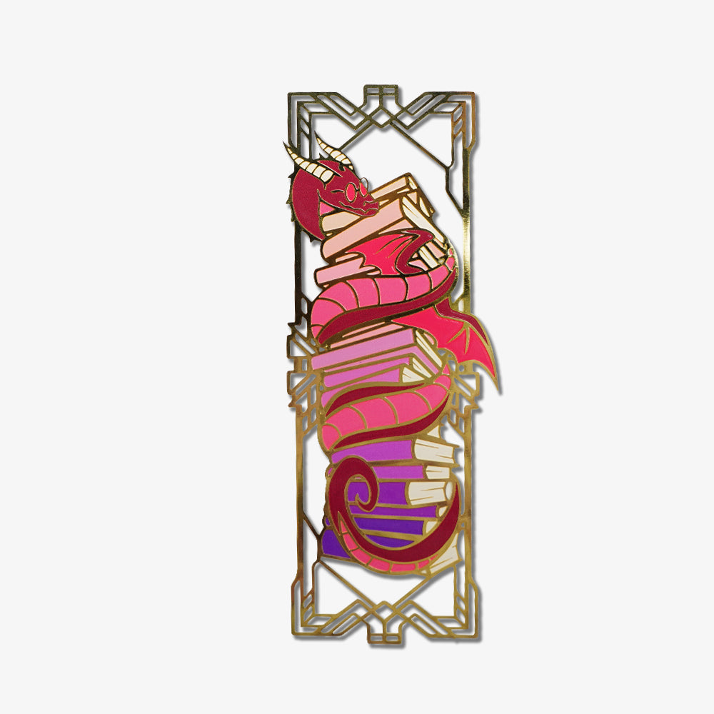 Custom metal bookmark, brass cutout frame with enamel red dragon coiling around stacked books design