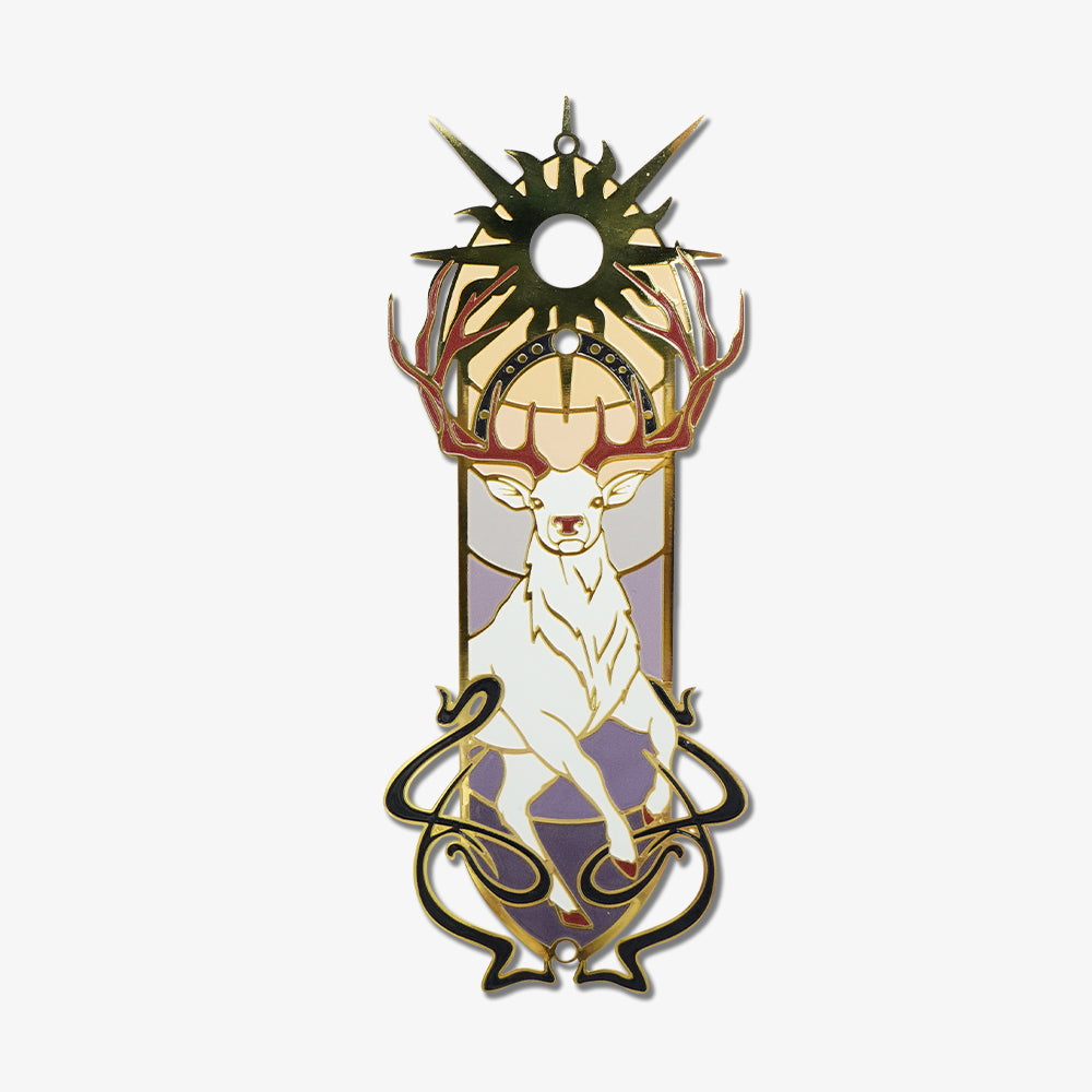 Custom enamel inlaid metal bookmark with white stag, sun motif and stained glass style brass craft