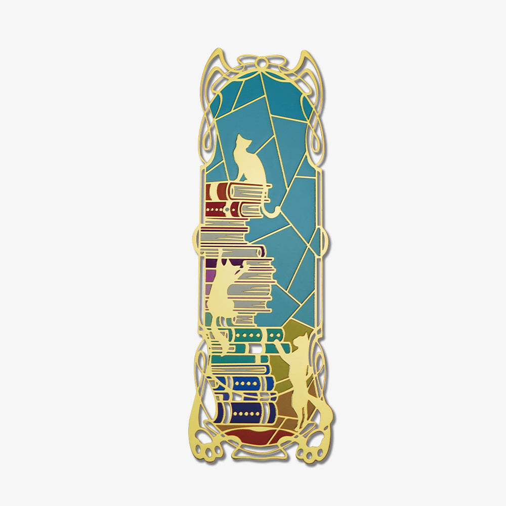 Custom metal bookmark with stained glass style, golden cat silhouettes around stacked colorful books, hollow enamel craft