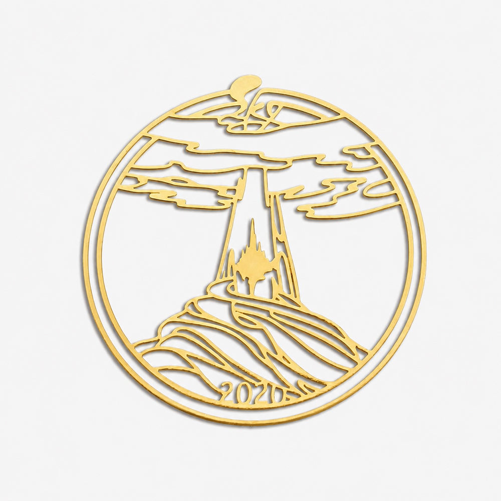 Custom round gold hollow metal bookmark with 2020 waterfall landscape cutout design