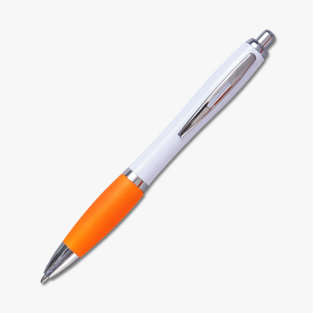Custom plastic ballpoint pen with white body, orange soft non-slip grip and polished silver metal clip and trim