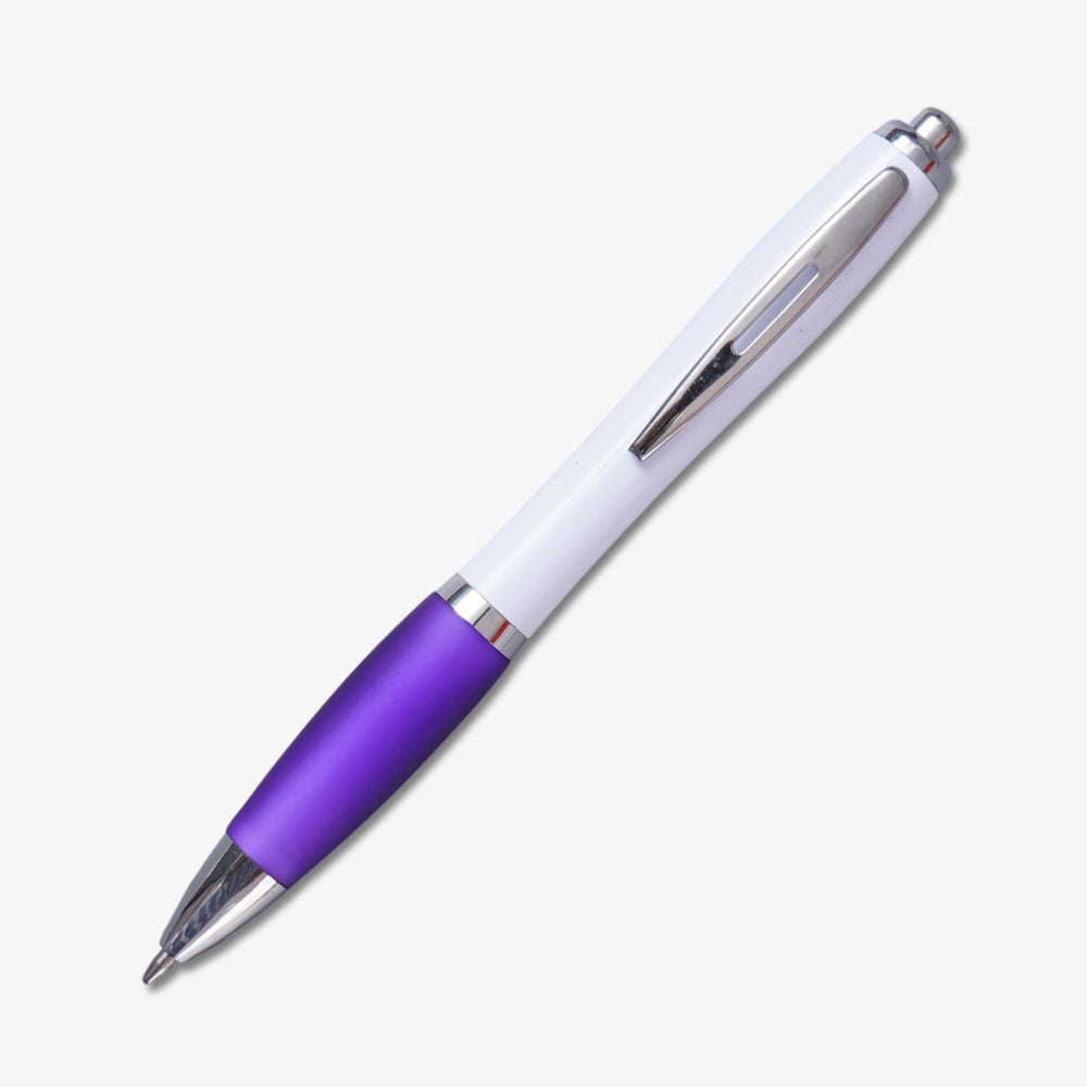 Custom plastic ballpoint pen with white barrel, purple matte grip and polished silver metal accents
