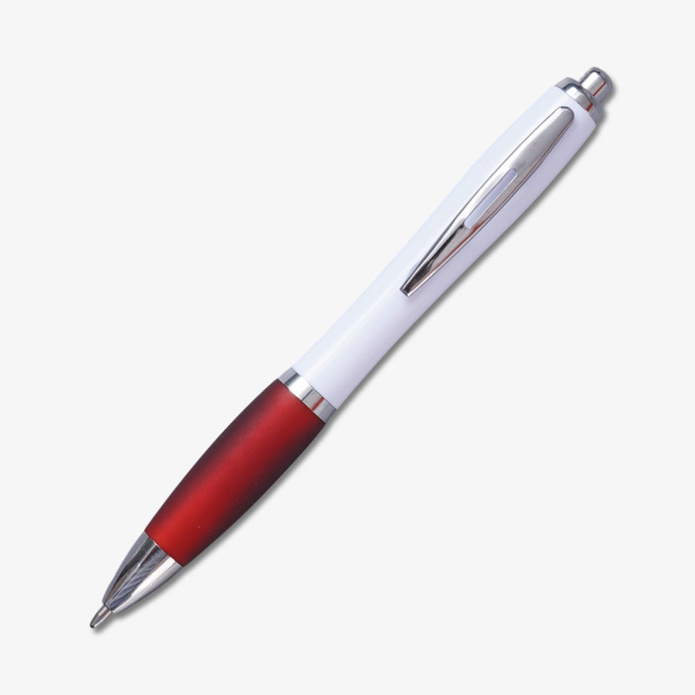 Custom plastic ballpoint pen with white barrel, matte red non-slip grip, silver metal clip and retractable click design