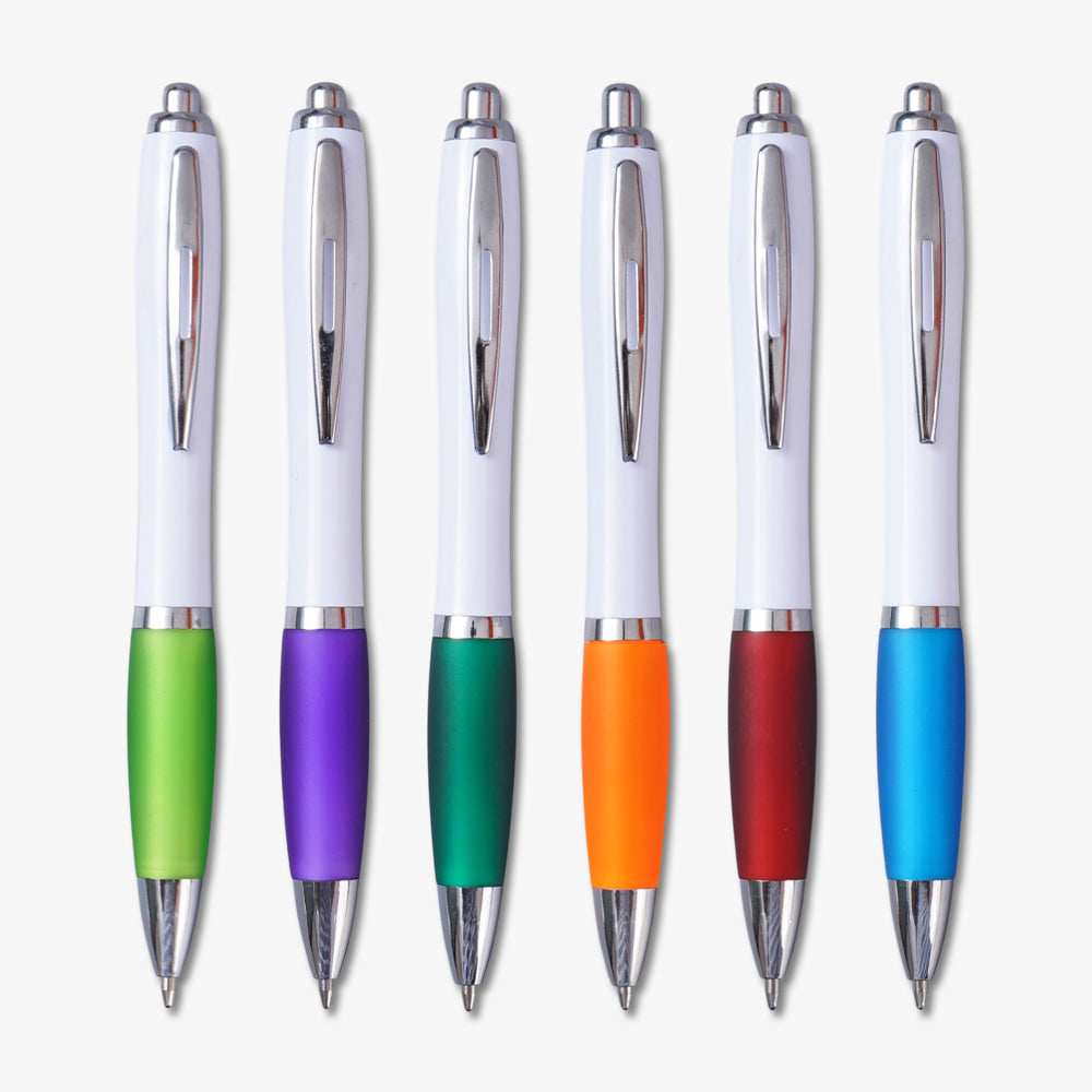 Custom Plastic Ballpoint Pens with white body, silver clip, assorted bright colored soft grips in 6 different vibrant colors