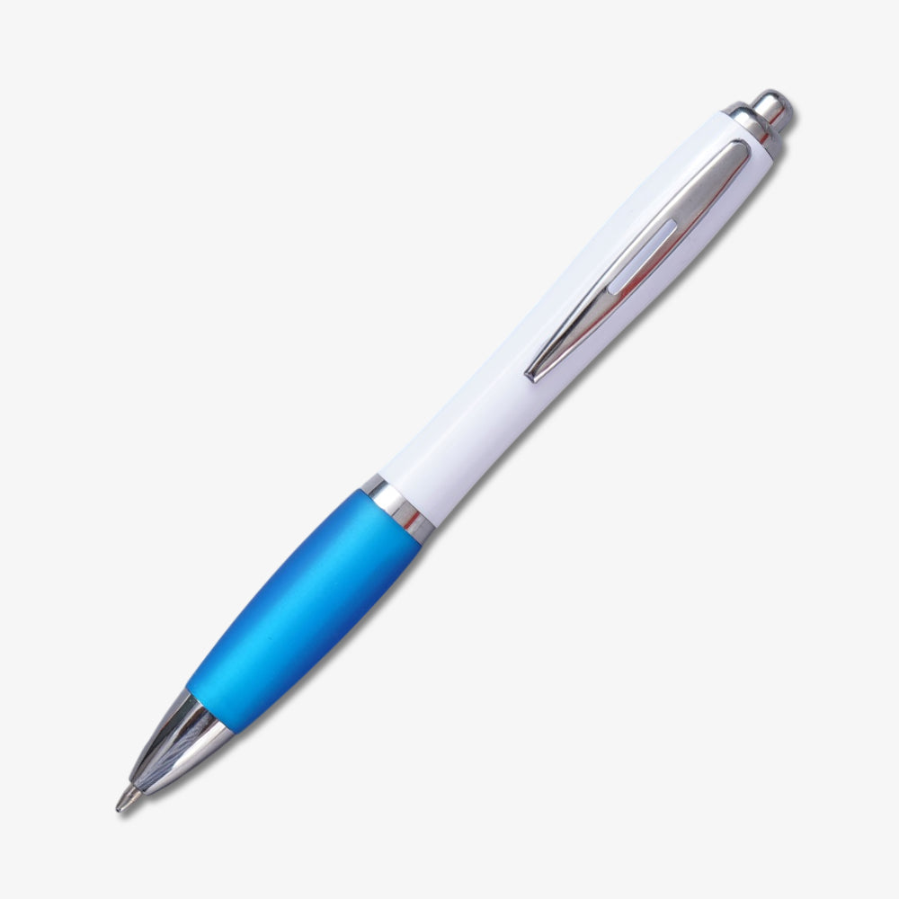 Custom plastic ballpoint pen with white barrel, blue matte grip, silver metal clip and retractable design