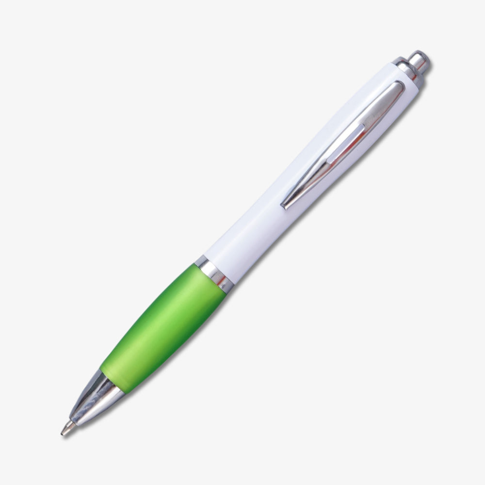 Custom plastic ballpoint pen with white barrel, matte green grip and polished silver metal details