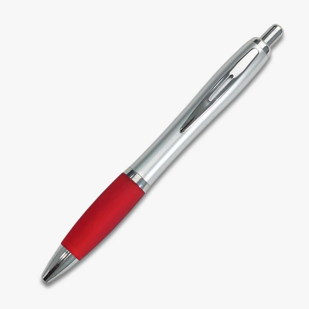 Silver ballpoint pen with a red rubber grip and chrome clip and tip