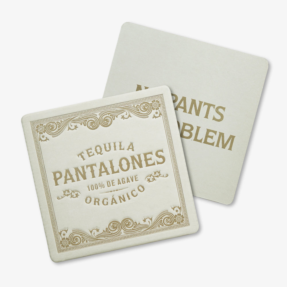 Custom pulpboard coasters, square off-white matte with vintage gold embossed tequila themed decorative print