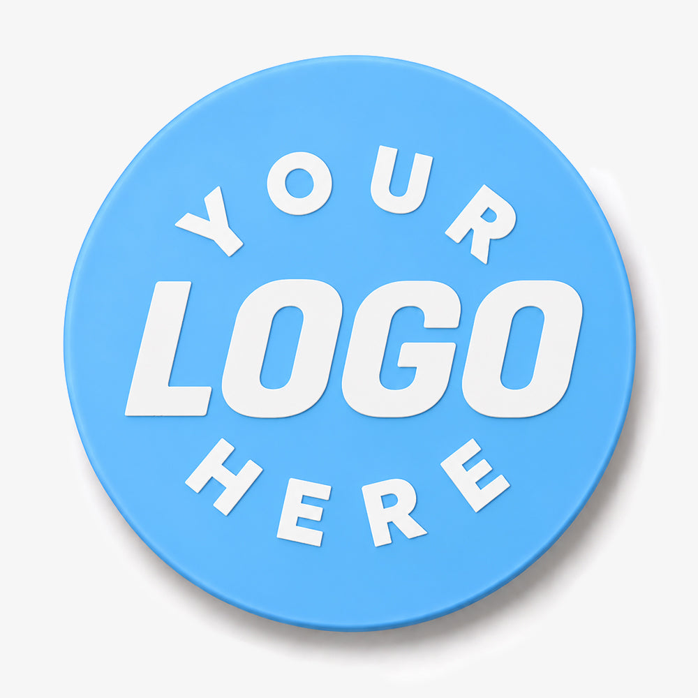 Round blue PVC coaster with raised white lettering and smooth glossy surface