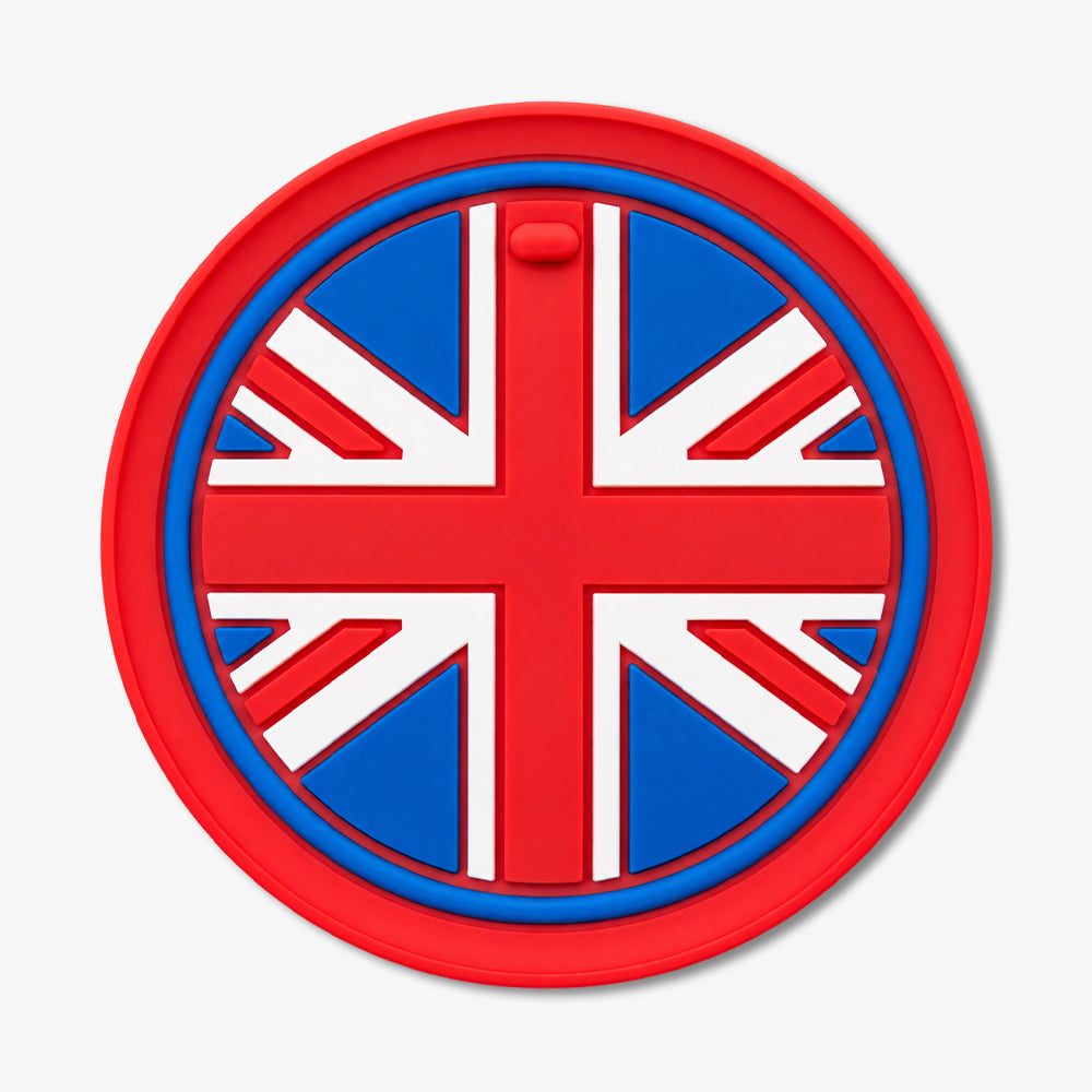 Round PVC coaster with raised Union Jack design in red, white, and blue with a thick red border