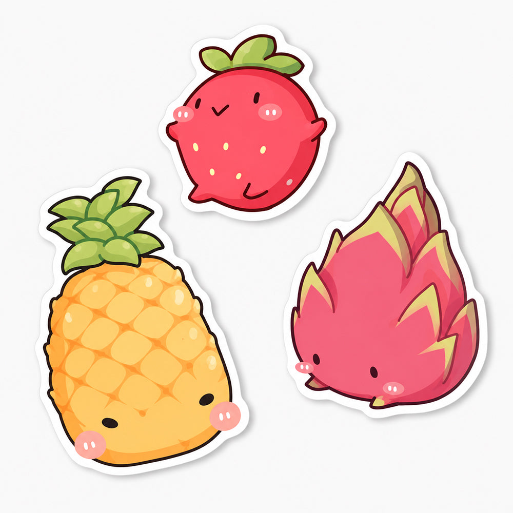 Die cut stickers shaped like a yellow pineapple with green leaves, a red strawberry with green top, and a pink dragon fruit with yellow spikes