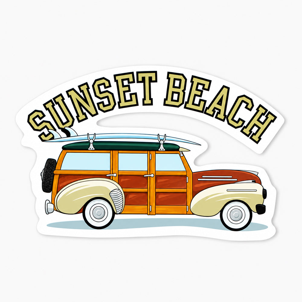 Die cut sticker featuring a vintage wood-paneled station wagon with surfboard on roof rack, cream and brown coloring