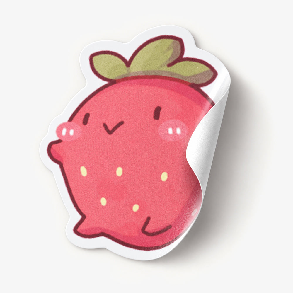 Die cut sticker shaped like a smiling pink strawberry with green leaves and yellow seeds