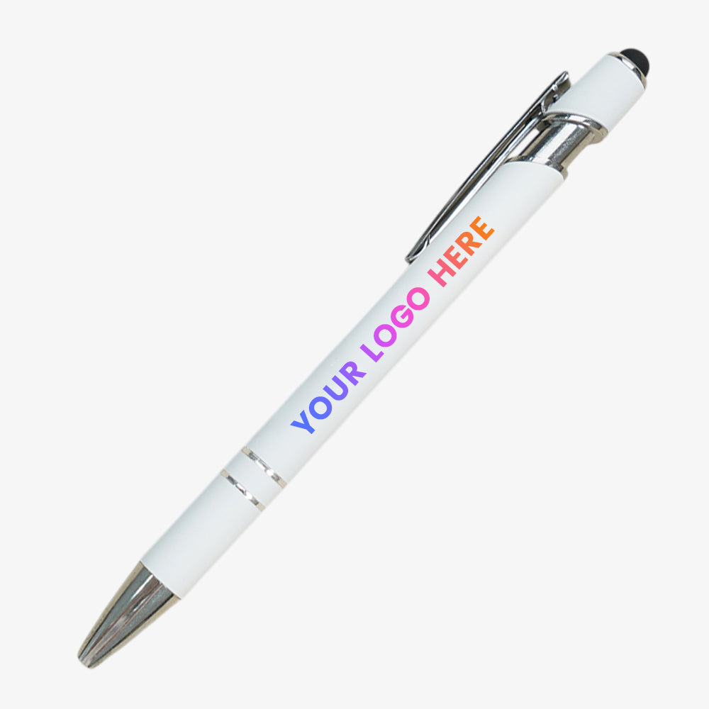 White stylus ballpoint pen with silver clip, dual metallic rings, and black rubber tip
