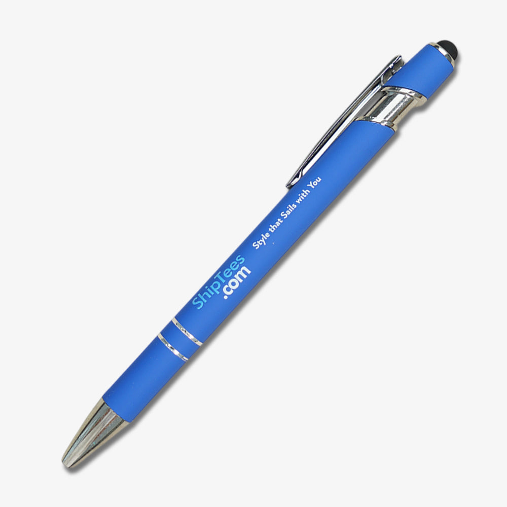 Blue ballpoint pen with silver clip, dual metallic rings, and a black stylus tip