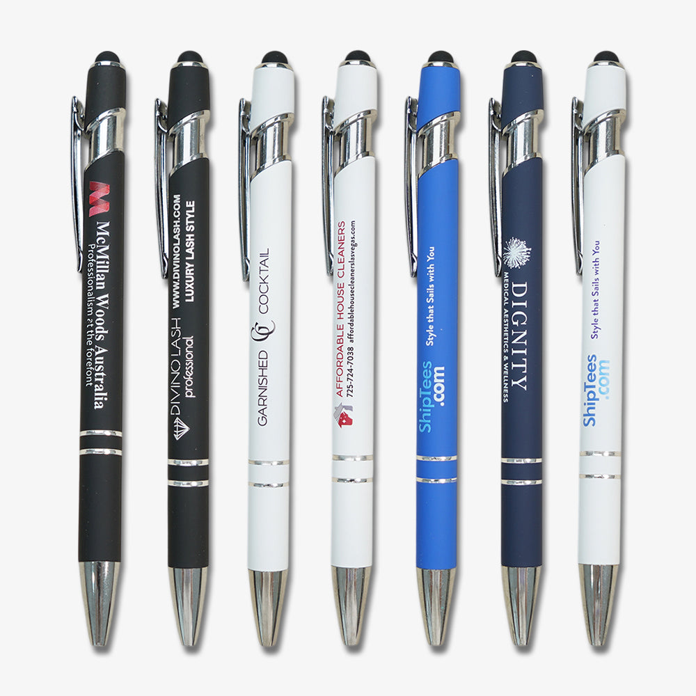 Double-ring stylus ballpoint pens in black, white, and blue with silver accents and retractable clips