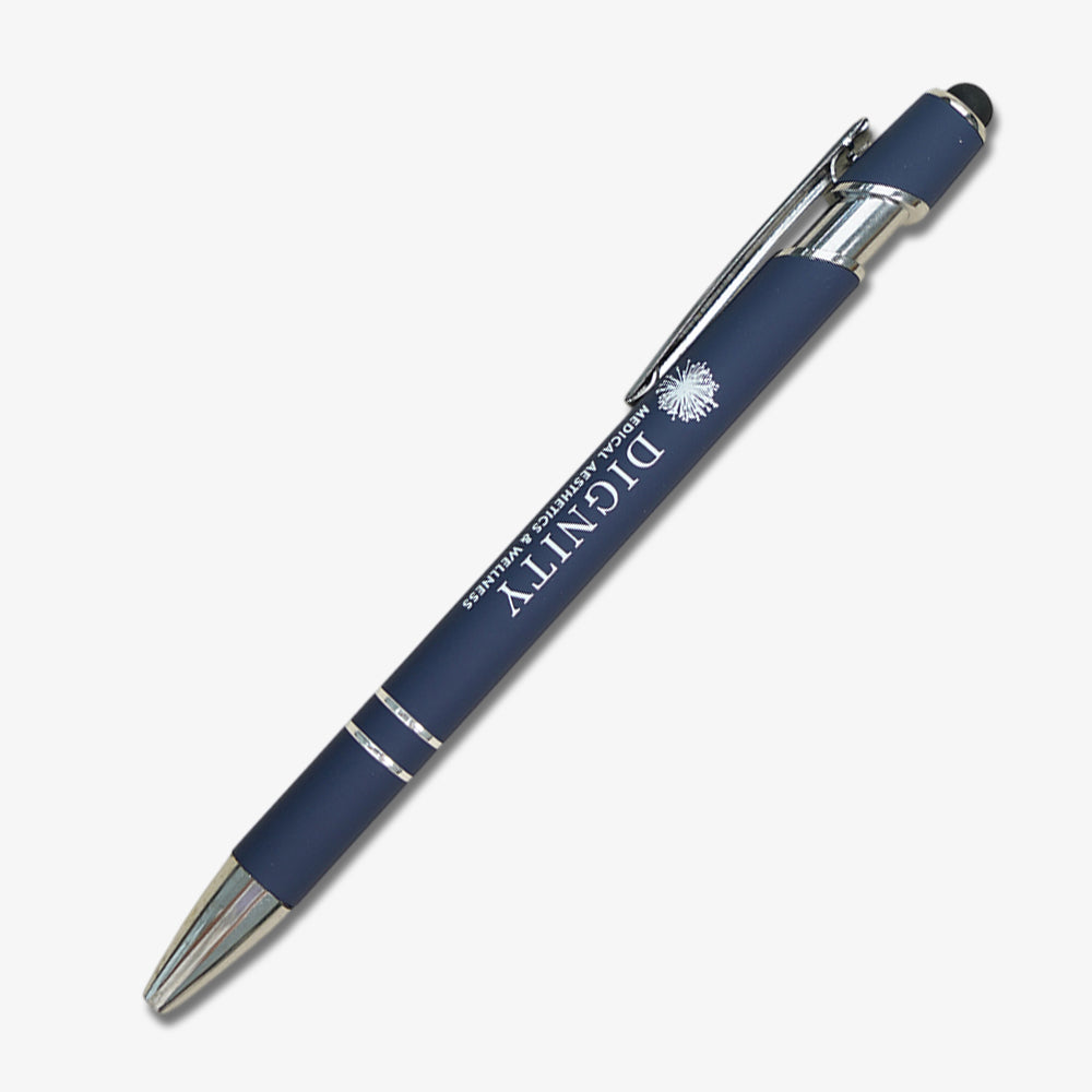 Navy blue stylus ballpoint pen with silver clip, dual rings, and black rubber tip