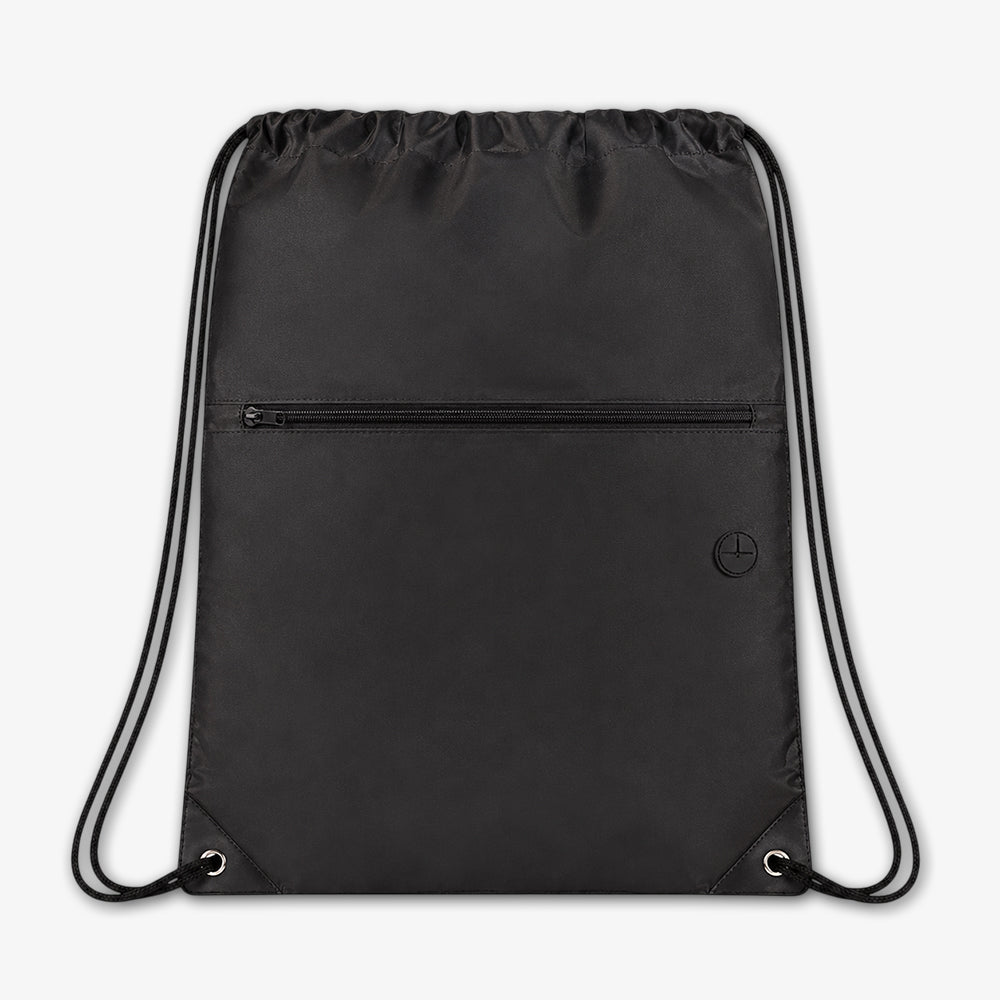 Solid black drawstring bag with front zipper pocket, lightweight nylon drawstring backpack for gym and daily use