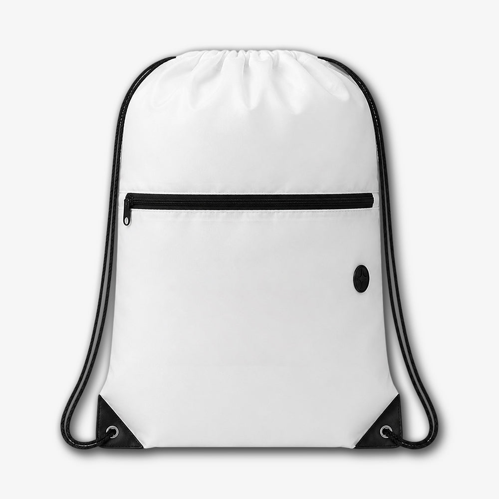 White drawstring bag with zipper pocket, black drawcord straps and front horizontal zipper detail