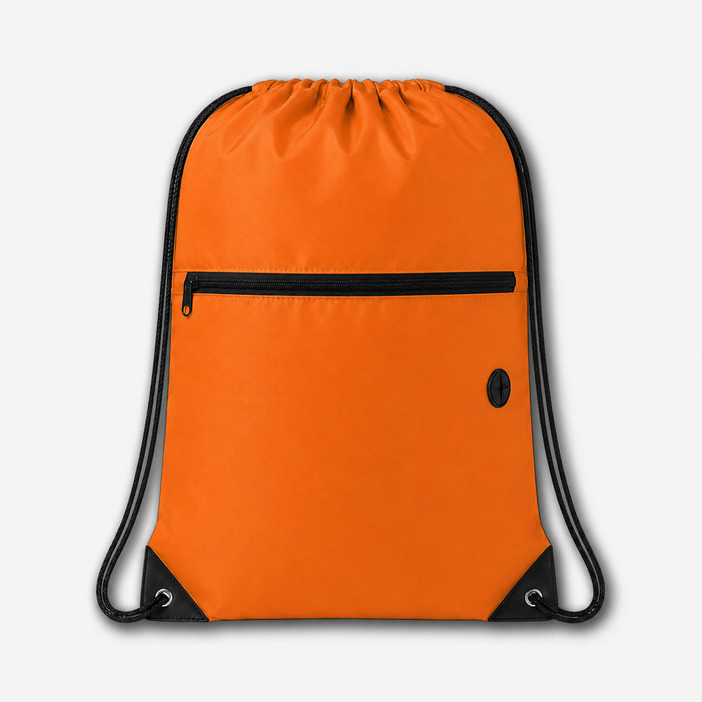 Bright orange drawstring bag with front zipper pocket, black trim, durable drawstrings and reinforced bottom corners