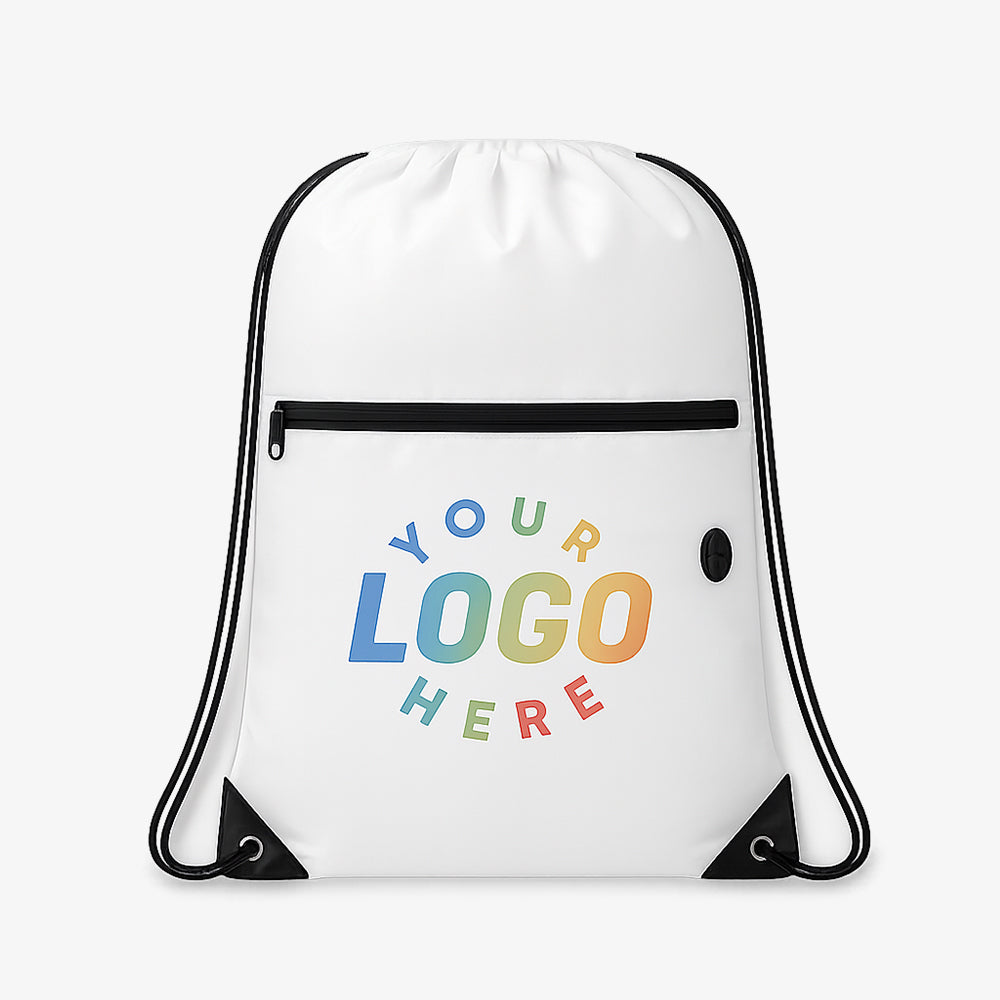 Drawstring bag with zipper pocket, white customizable design for your personalized brand logo