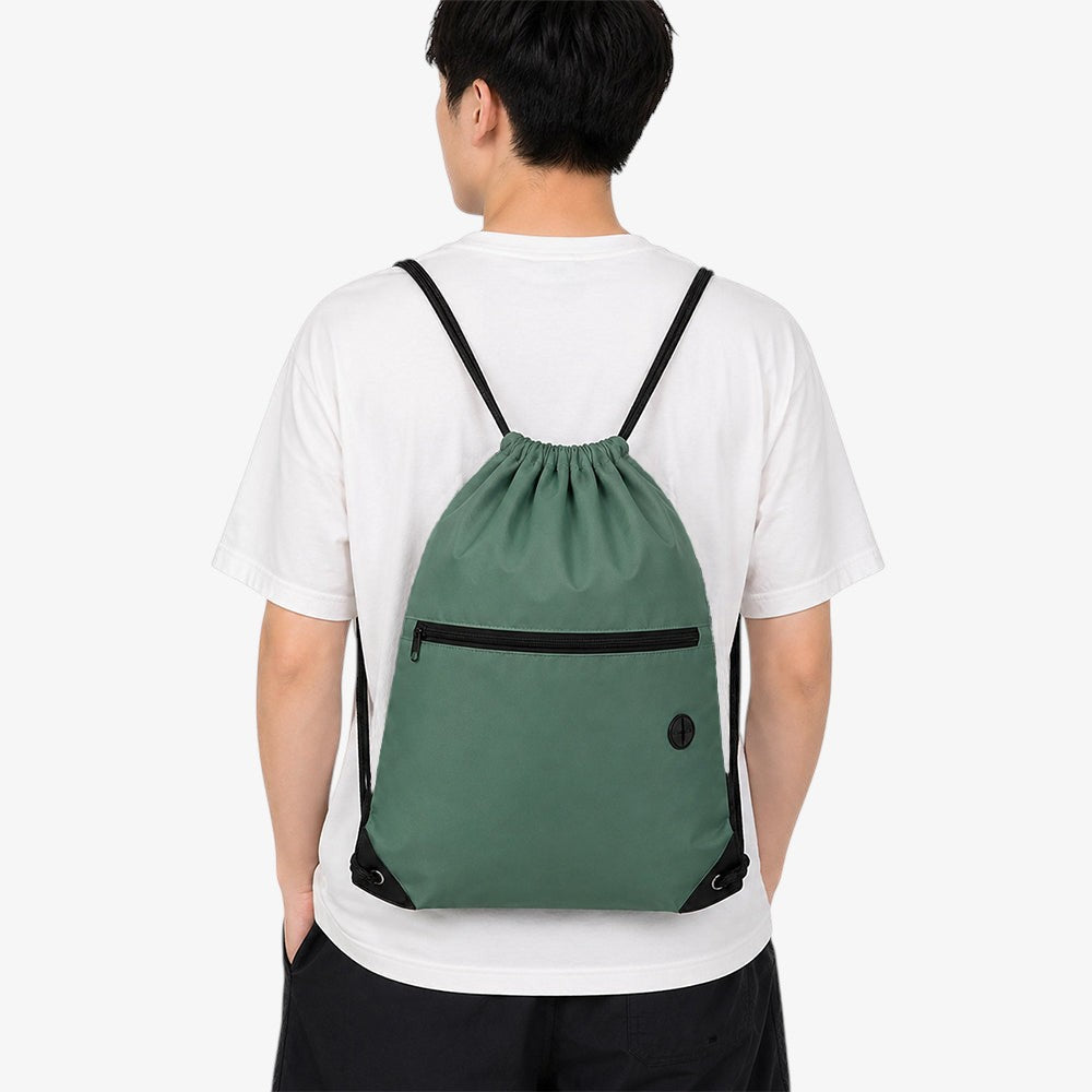 Drawstring bag with zipper pocket, dark green casual lightweight sack worn on man's back for daily outdoor use