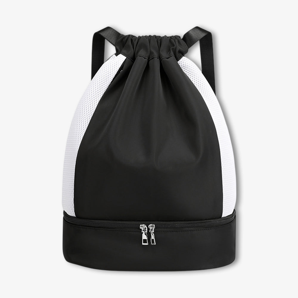Black and white drawstring sports backpack with shoe compartment, breathable mesh side panels and bottom zipper pocket