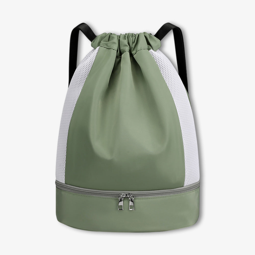 Sage green drawstring sports backpack with shoe compartment, featuring white mesh side panels and black shoulder straps