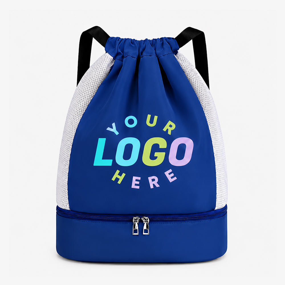 Royal blue drawstring sports backpack with shoe compartment, mesh side panels, custom logo placeholder and zippered lower pocket