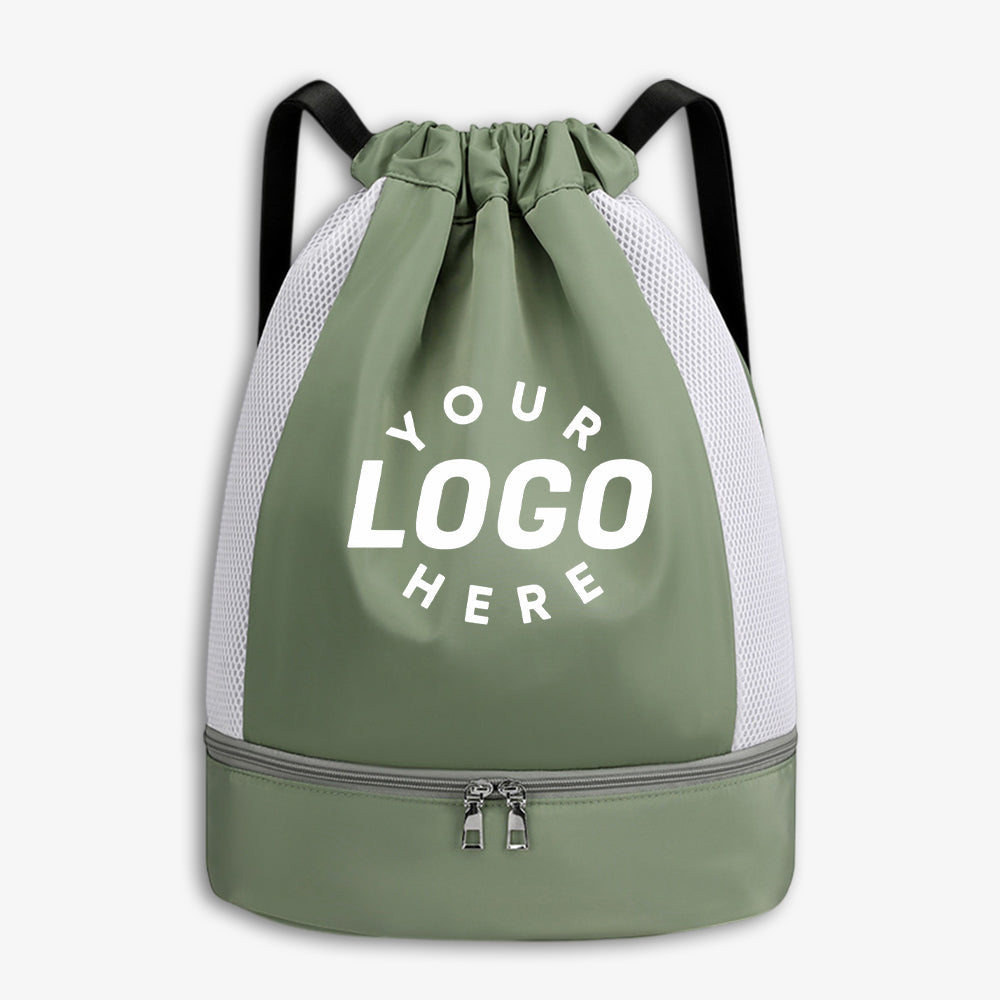 Drawstring sports backpack with shoe compartment, sage green, mesh side panels, custom logo print placeholder