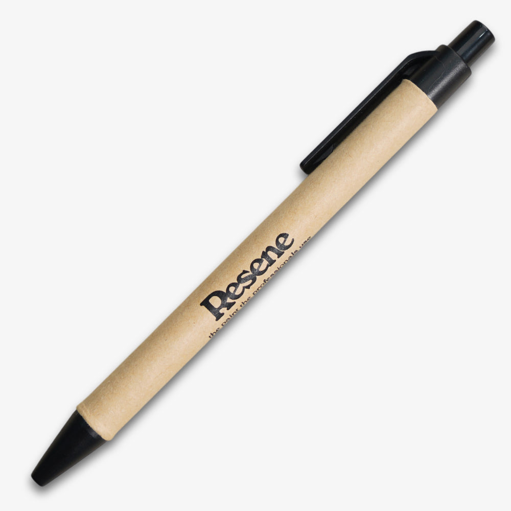 Paper barrel ballpoint pen with black clip, tip, and click mechanism, featuring a natural kraft finish