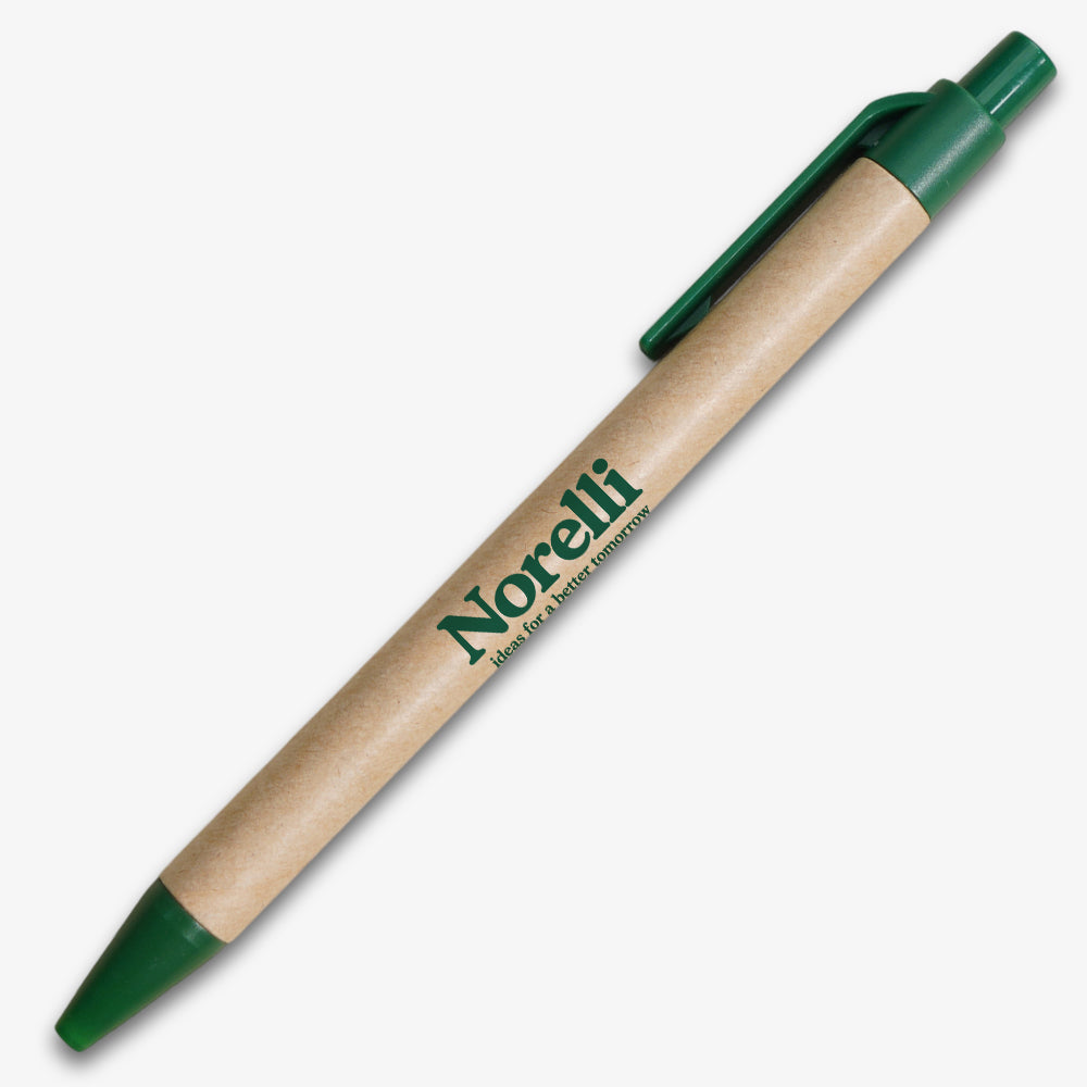 Paper barrel ballpoint pen with green plastic clip, tip, and click mechanism