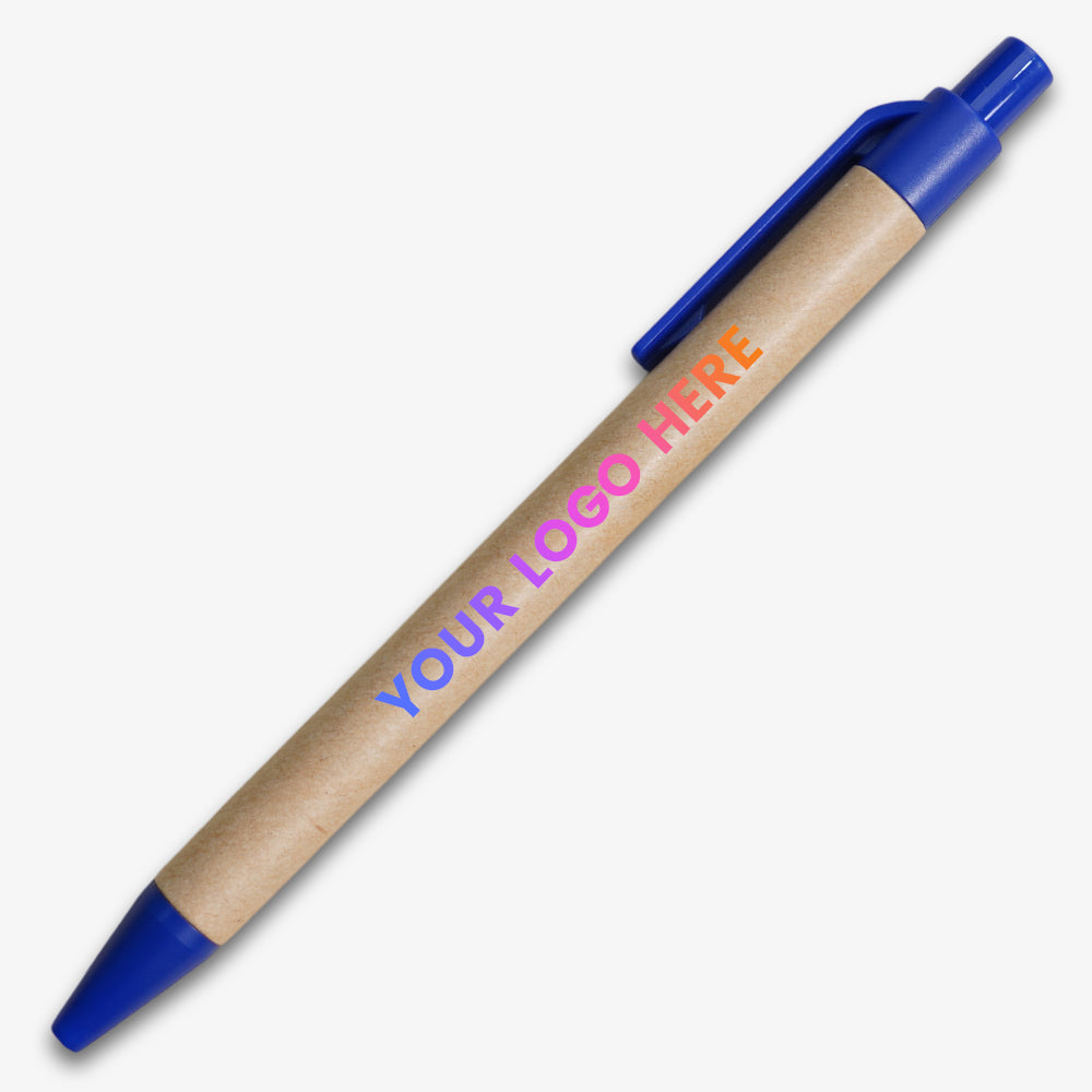 Paper barrel ballpoint pen with blue plastic clip, tip, and click mechanism, featuring a natural kraft finish
