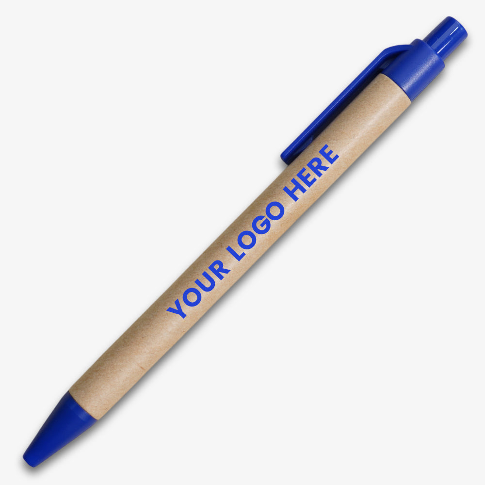 Paper barrel ballpoint pen with blue plastic clip, tip, and click mechanism