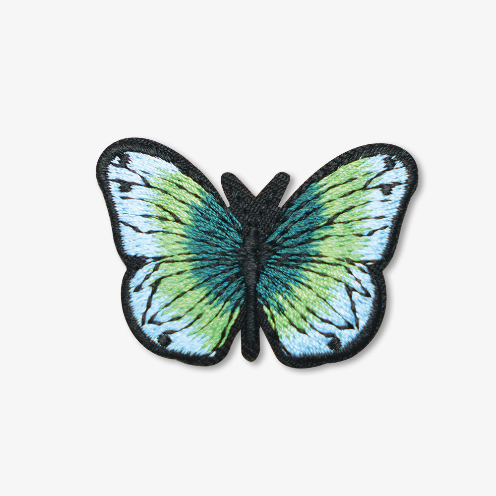 Butterfly embroidered patch with gradient blue-green wings and black stitched outline, decorative clothing applique