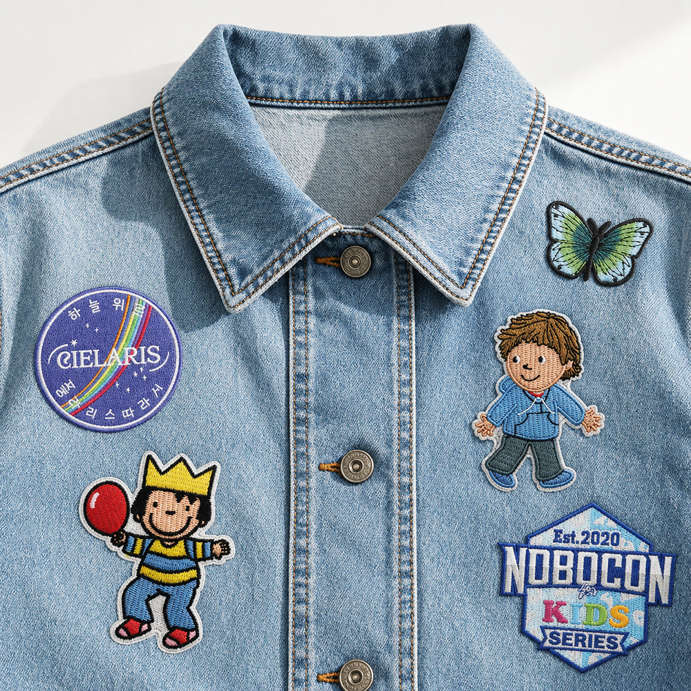 Embroidered patches with cartoon, butterfly and custom text designs attached on light blue denim jacket
