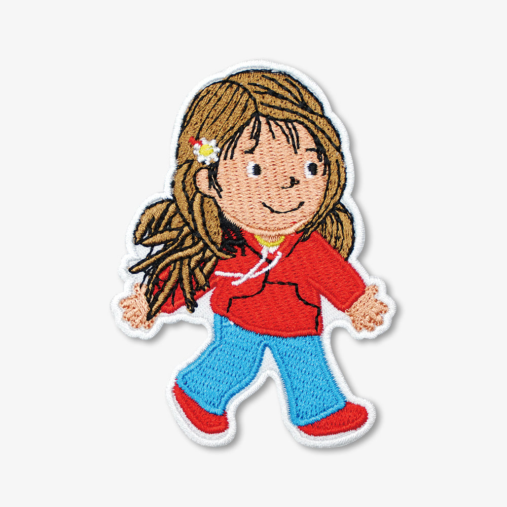Embroidered patch featuring a cute walking cartoon little girl with brown hair, red hoodie, blue jeans and small daisy hair clip