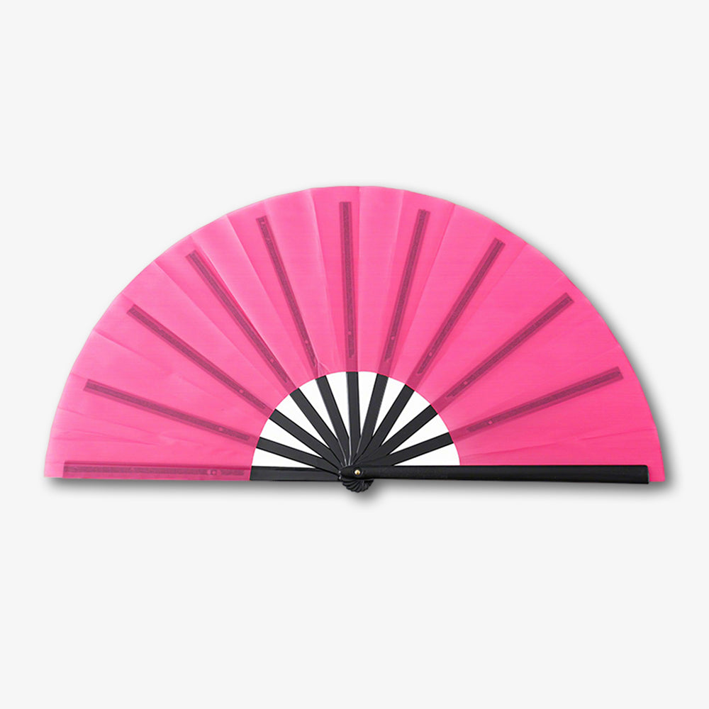 Bright hot pink fabric clack fan with black ribs, fully unfolded against plain white background