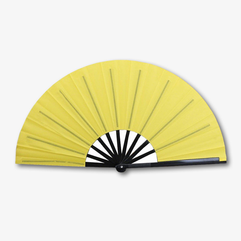 Bright yellow fabric clack fan with black ribs, fully expanded against plain white background