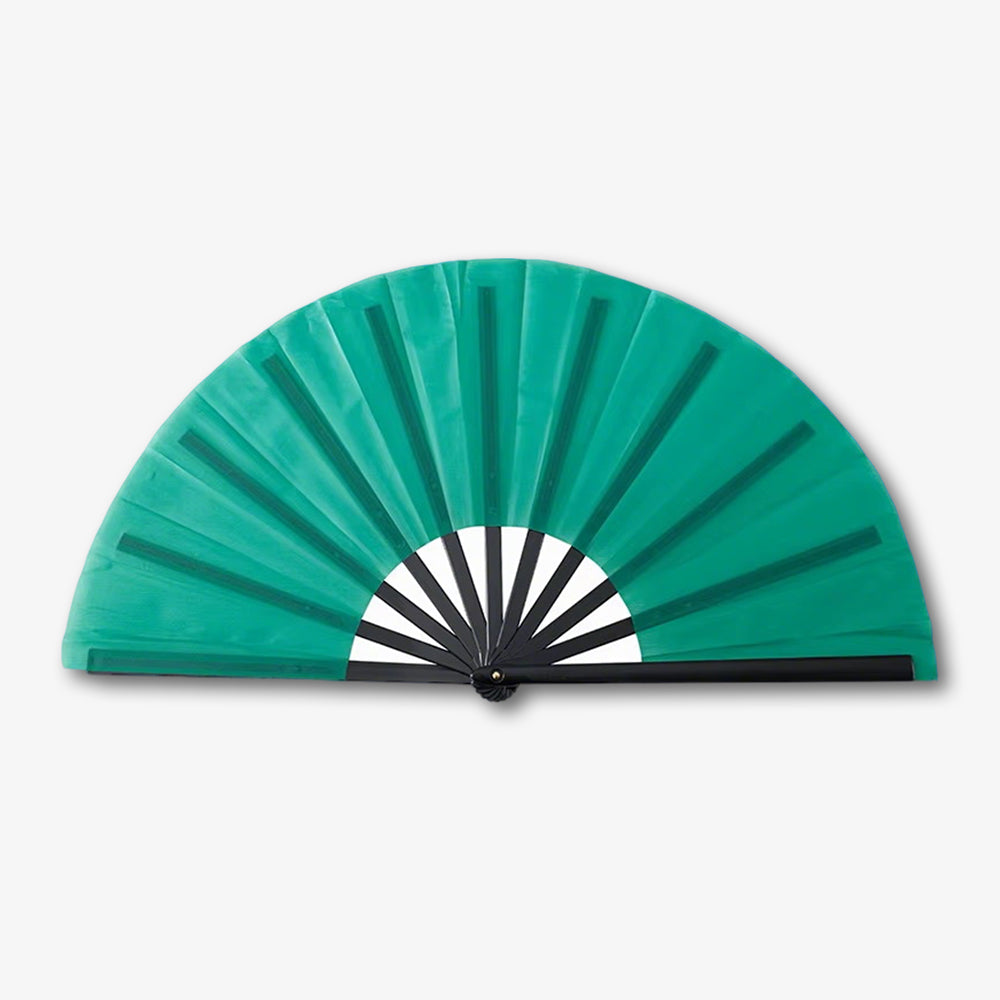Fabric clack fan in solid emerald green with black ribs, fully unfolded against plain white background