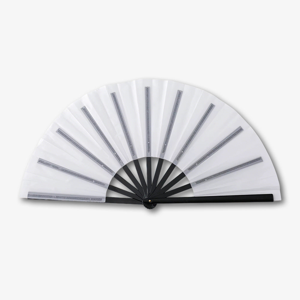 Fabric clack fan with white translucent surface, black handle and silver glitter accent ribs, fully spread open