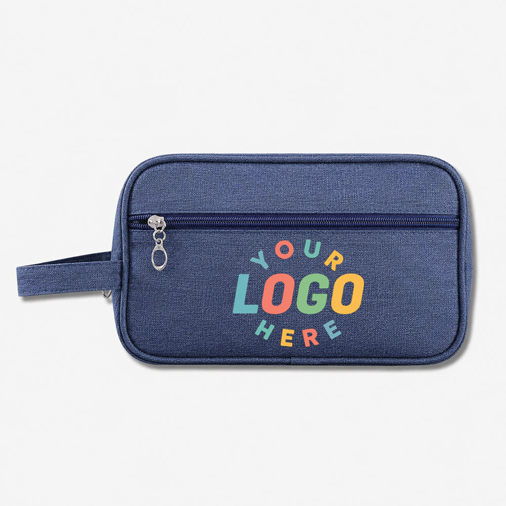 Navy blue fabric toiletry bag with front zipper pocket and attached loop handle