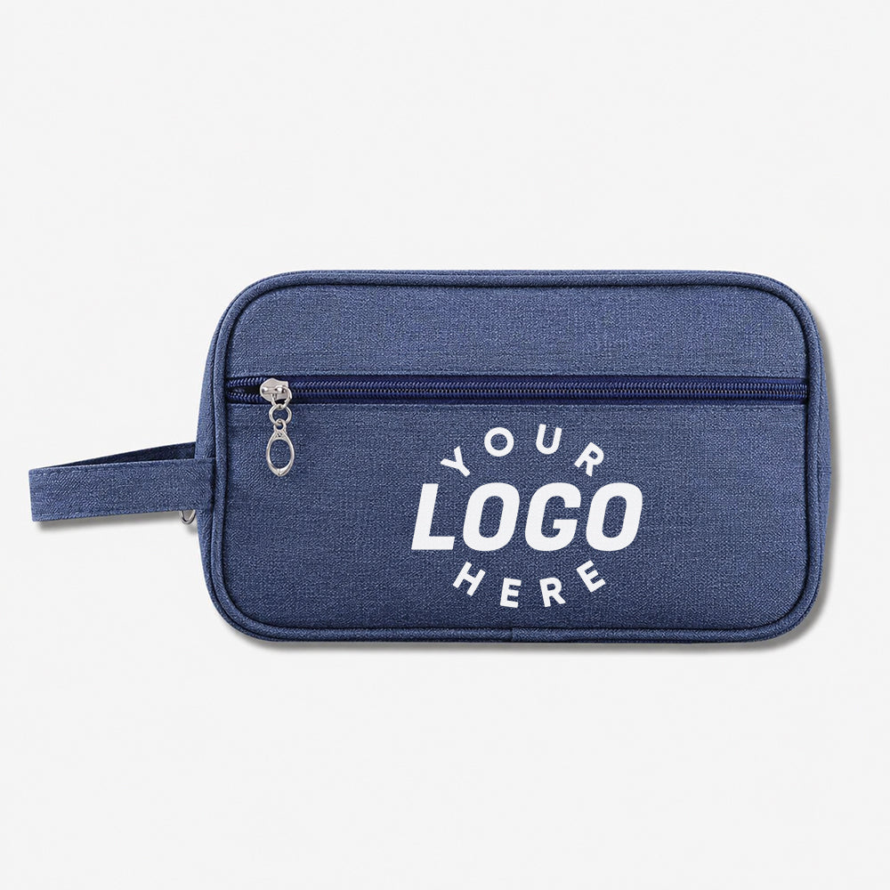 Navy blue fabric toiletry bag with front zippered pocket and side carry loop