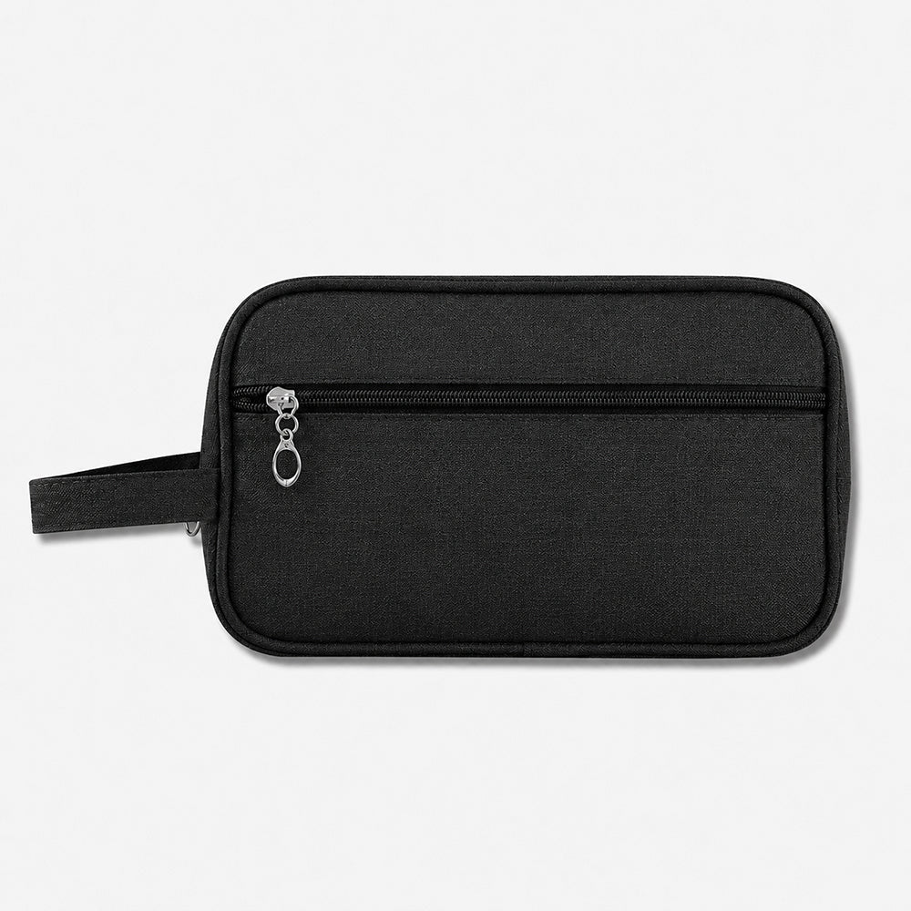 Black fabric toiletry bag with a top zipper closure and attached loop handle