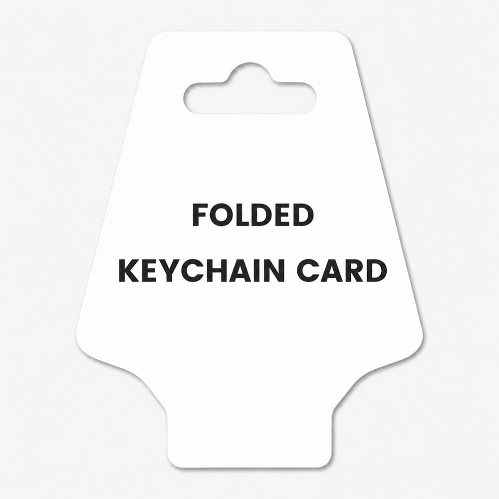White folded keychain card with die-cut hanging tab and tapered bottom shape