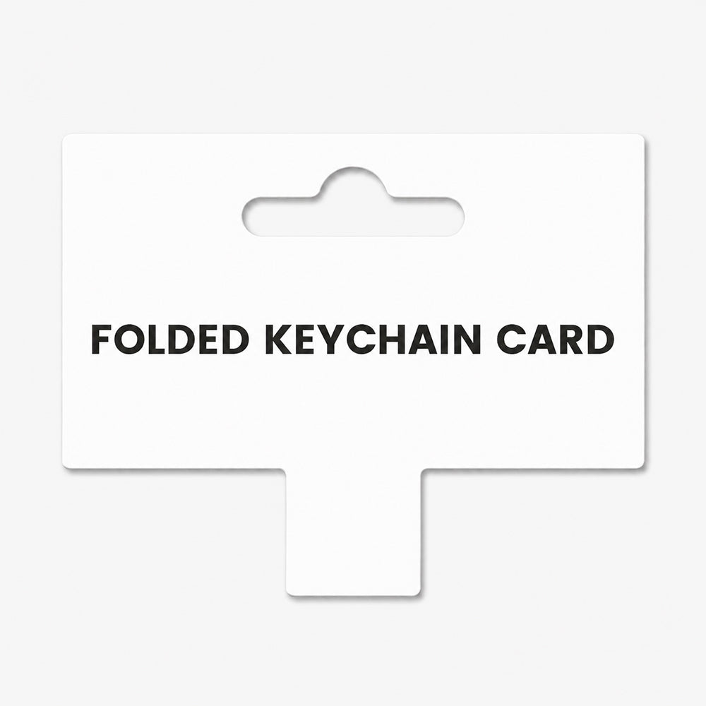 White folded keychain card with a top hanging tab and a bottom rectangular extension