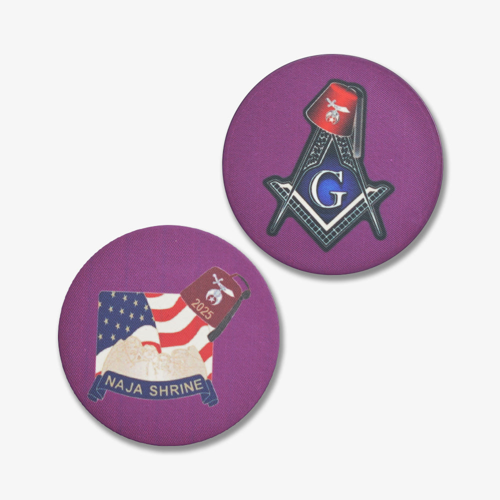 Full color ceramic poker chips, purple textured surface with custom Masonic Naja Shrine dual-sided printed designs