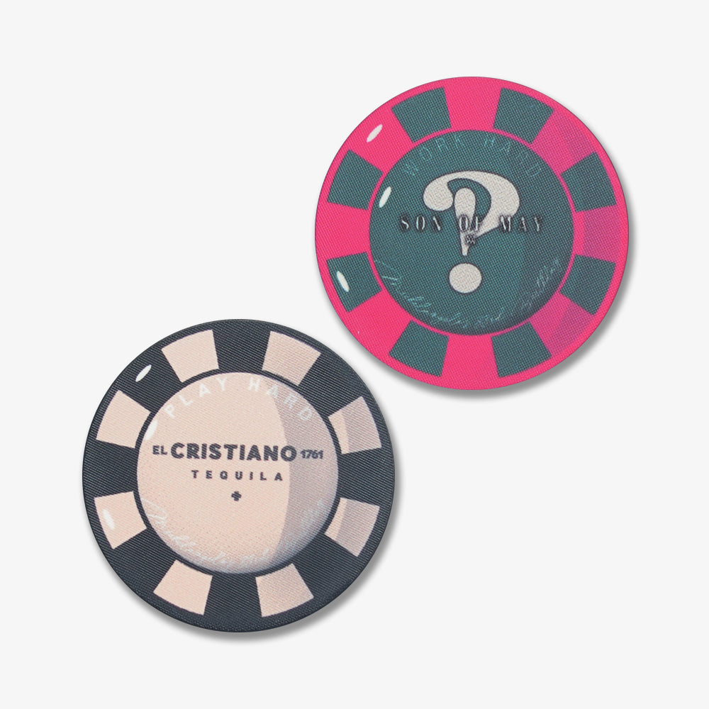 Two full color ceramic poker chips with unique custom printed designs in different colorways